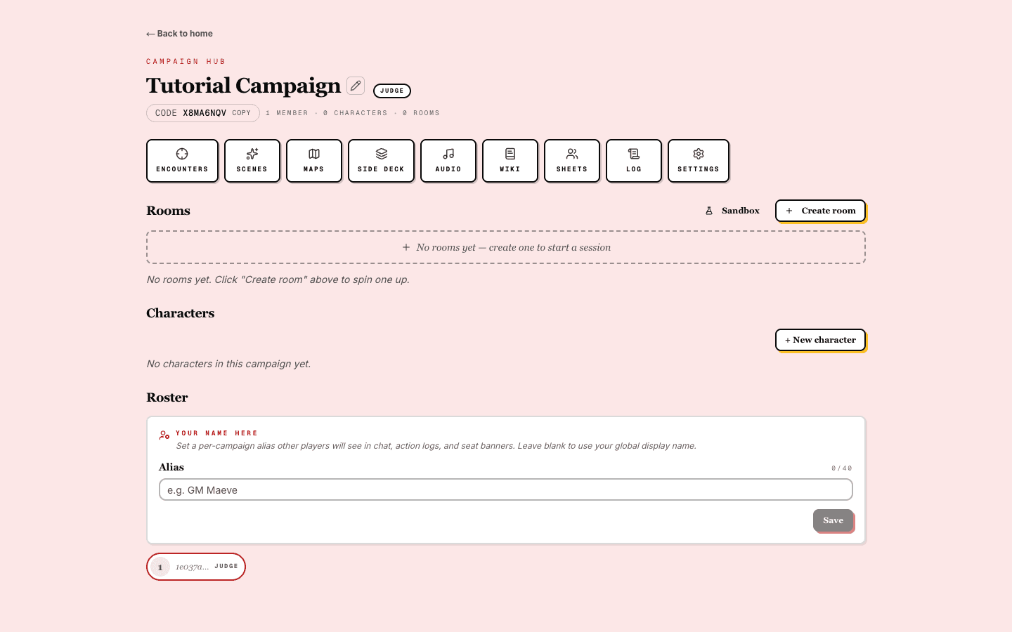 The campaign hub with the invite code pill, tool dock, rooms, and roster