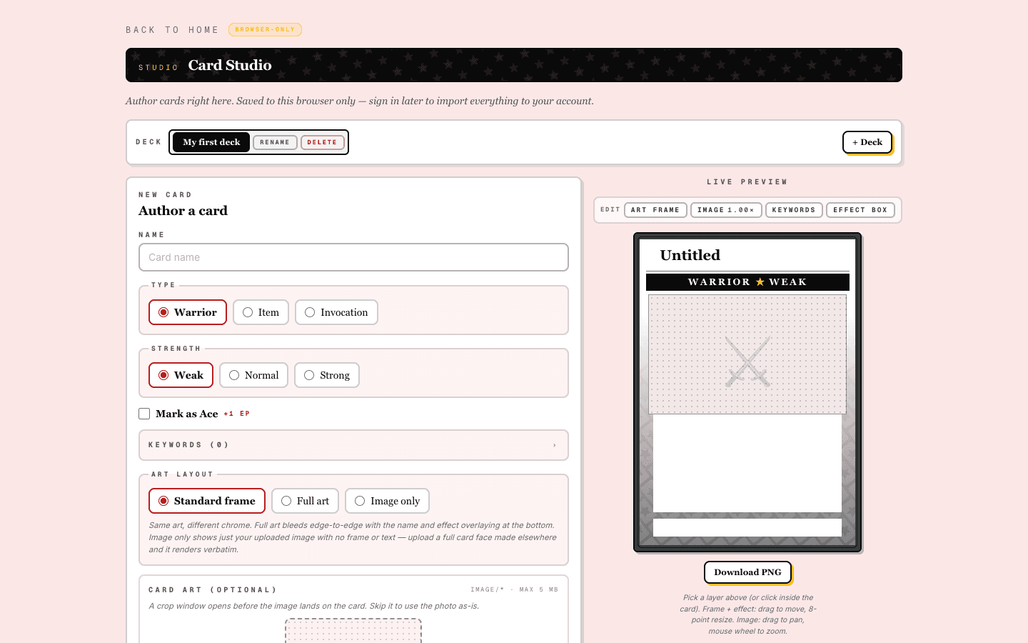 The Card Studio with the card form on the left and a live preview on the right