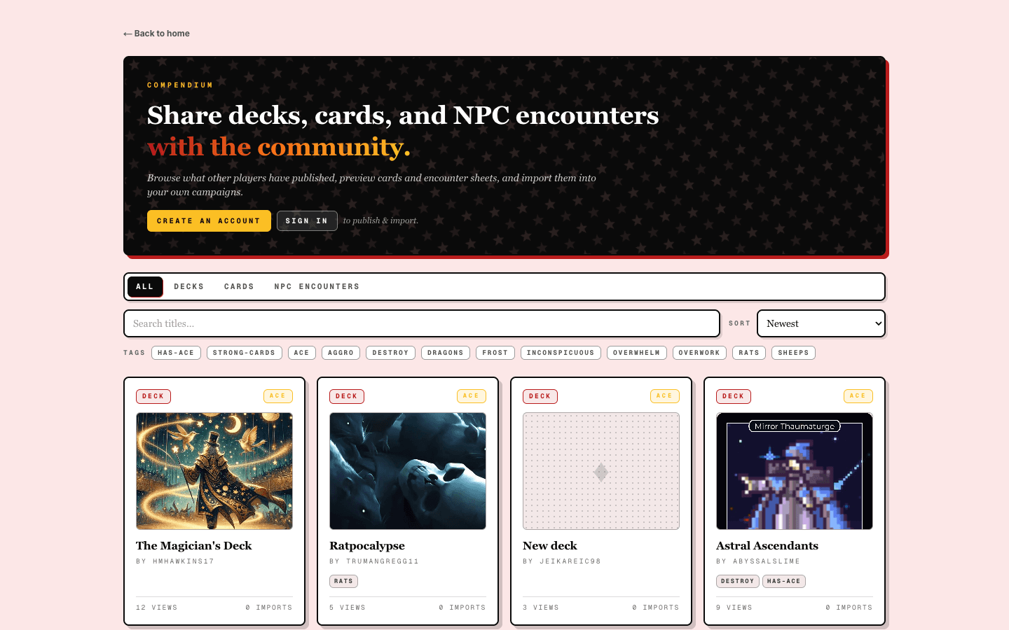 The Compendium listing published decks and cards from the community