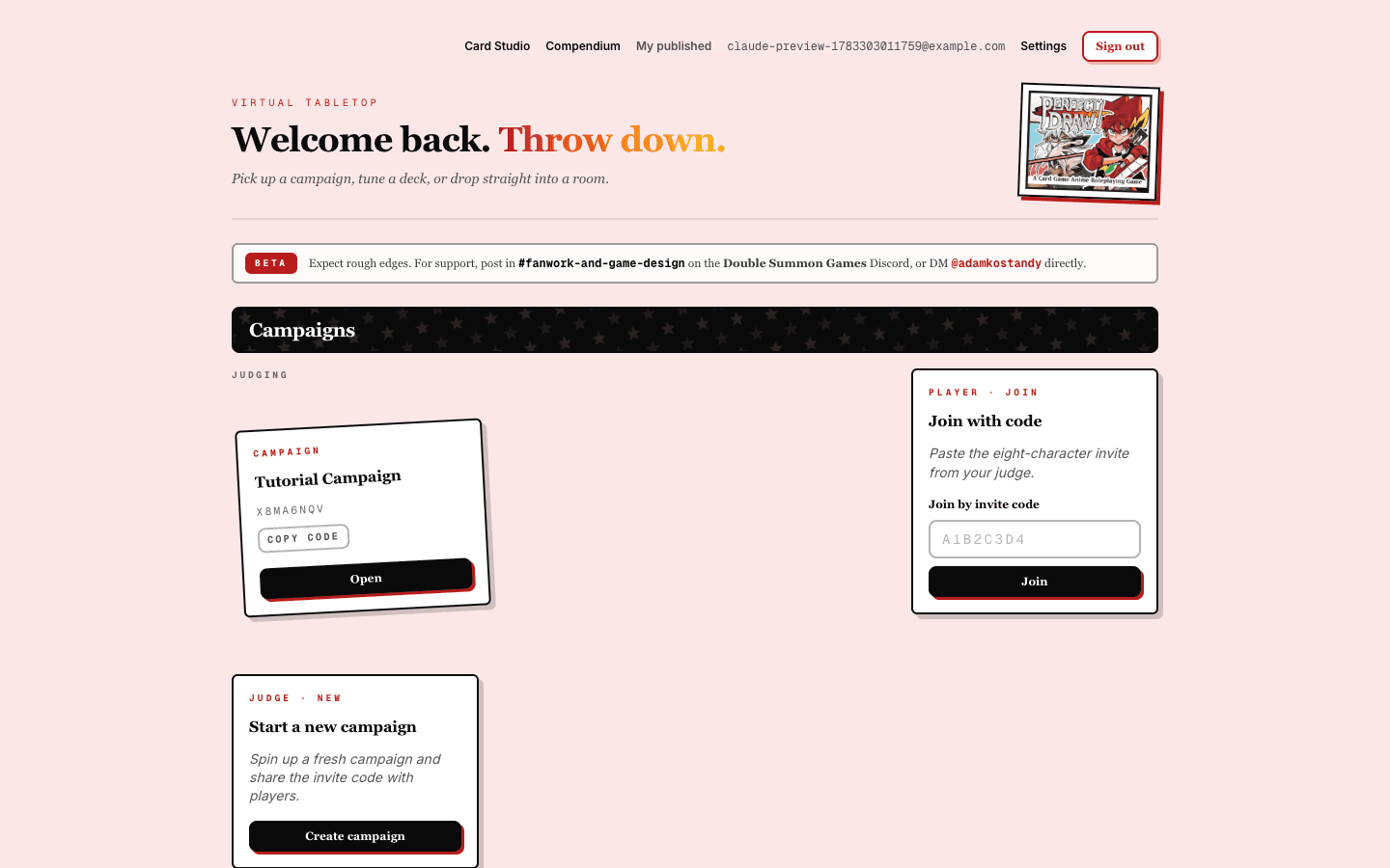 The dashboard with a campaign card showing its invite code and the join with code panel