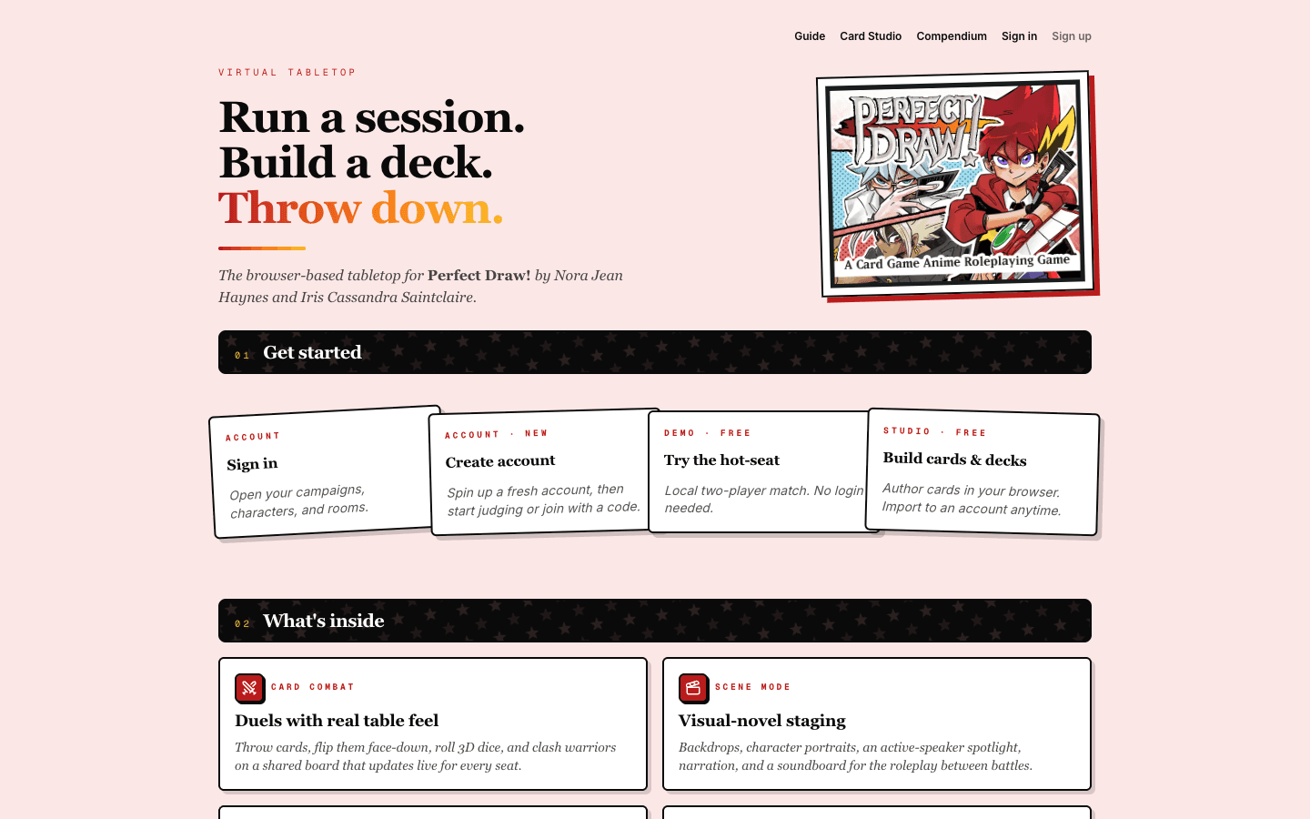 The home page Get started row with the hot-seat demo and Card Studio cards