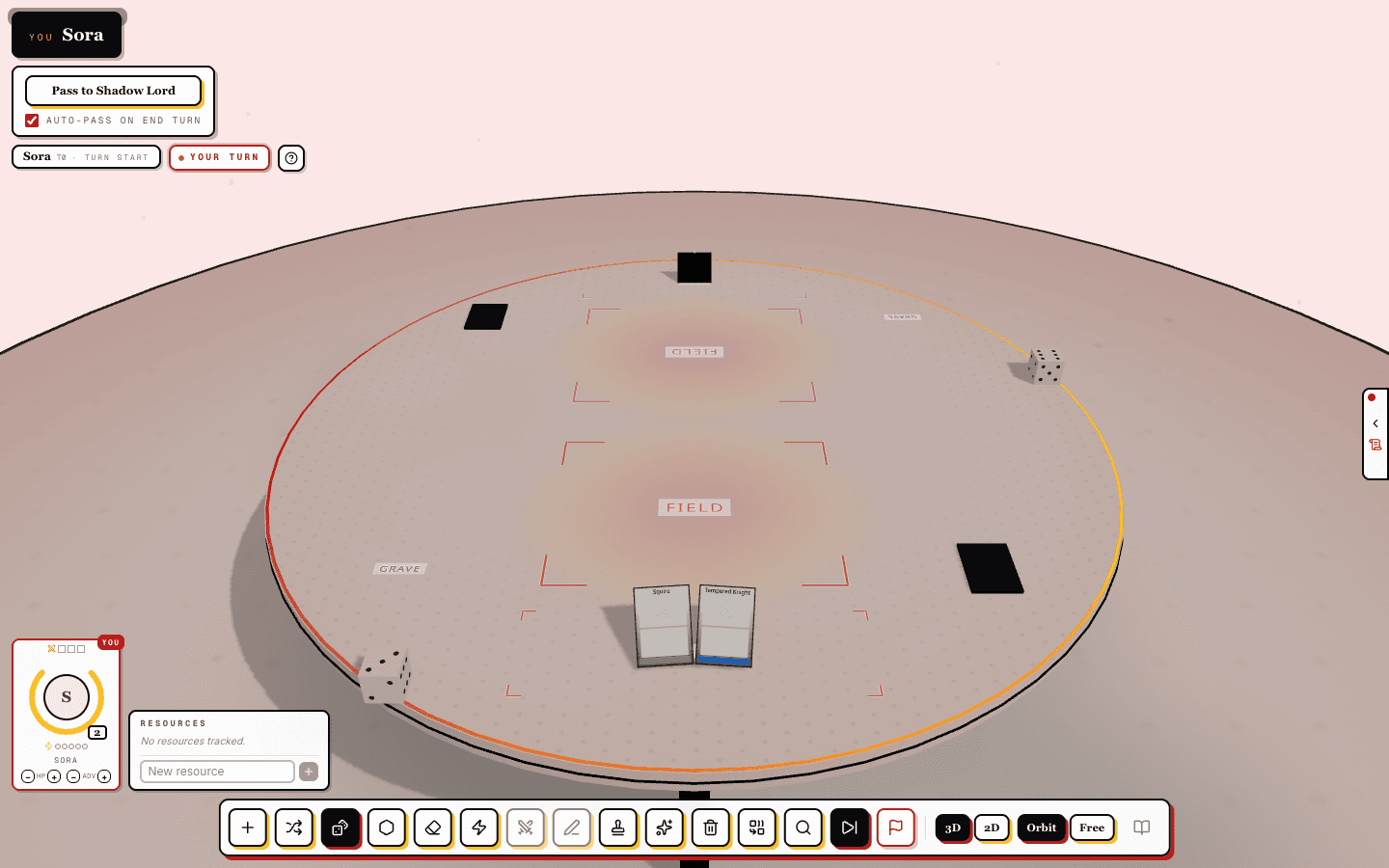 The 3D battle table with hand cards, field zones, dice, and the HUD