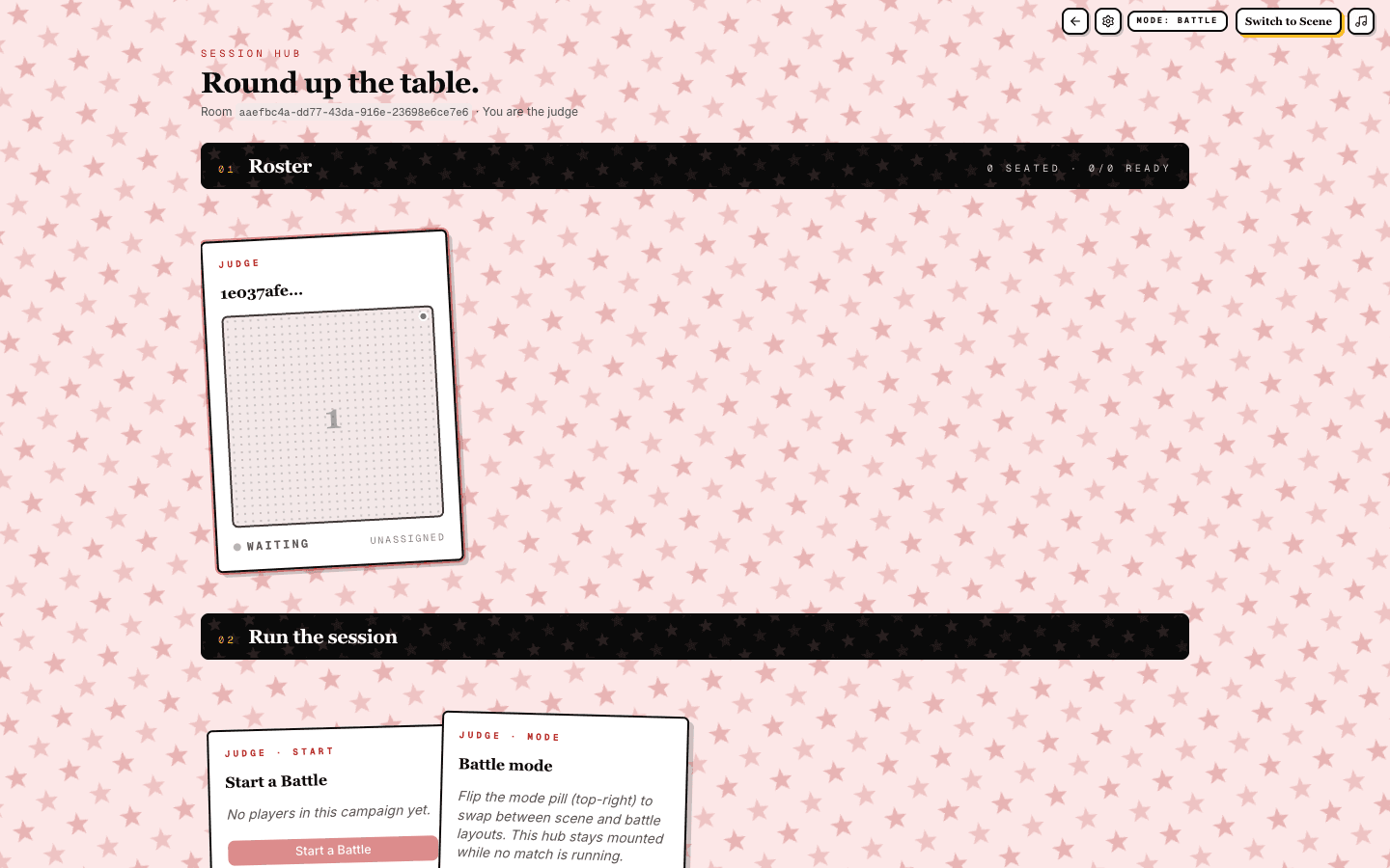 The session hub lobby showing the roster of seats and the Start a Battle card