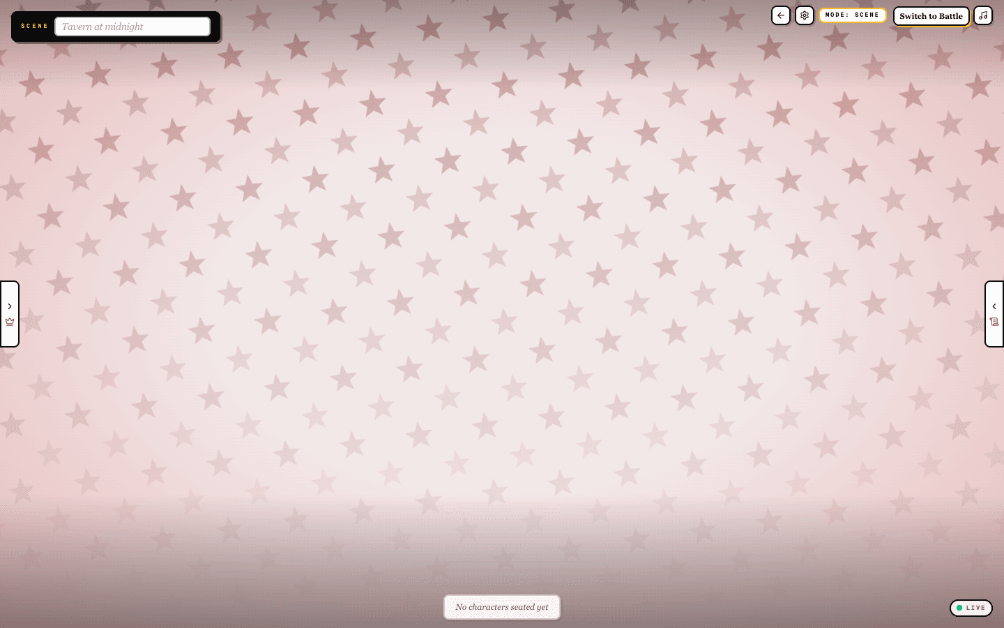 Scene mode in a room with the scene title bar, backdrop, and side drawers