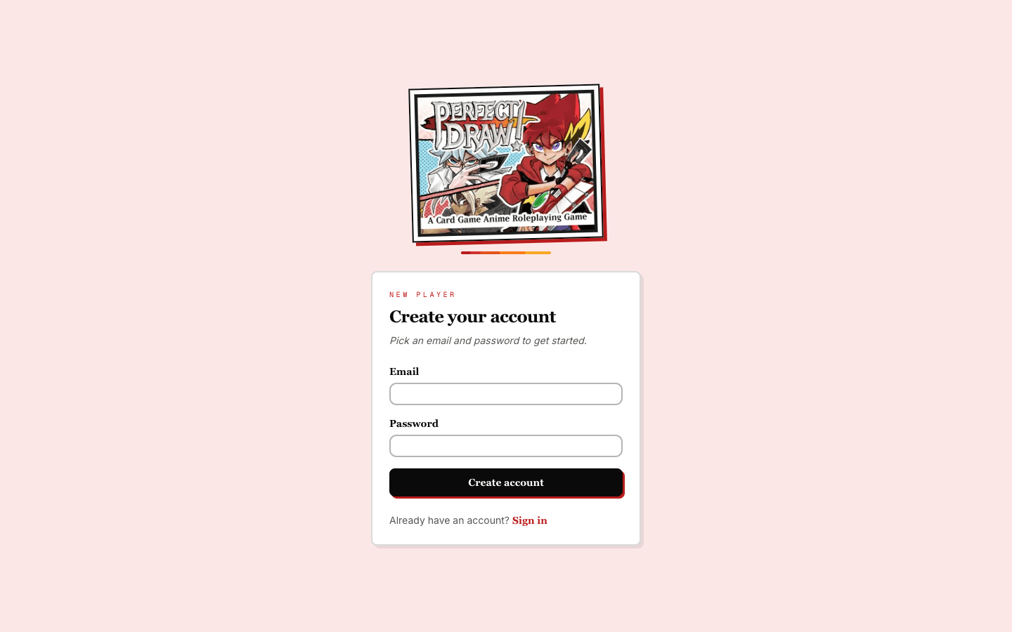 The create account page with email and password fields